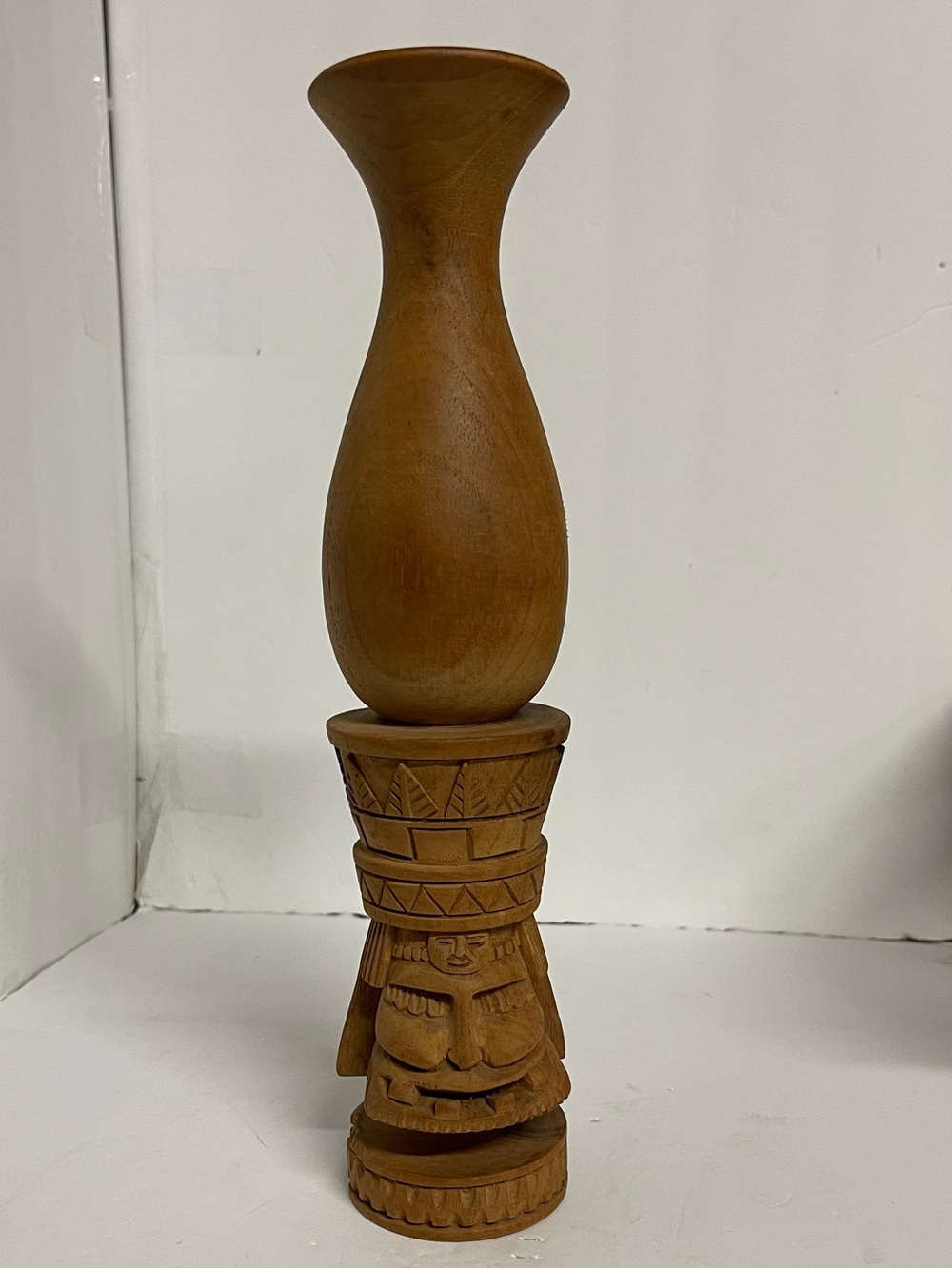Vintage Tiki Totem Vase Hand-Carved Wooden Double Faced Accent Decor